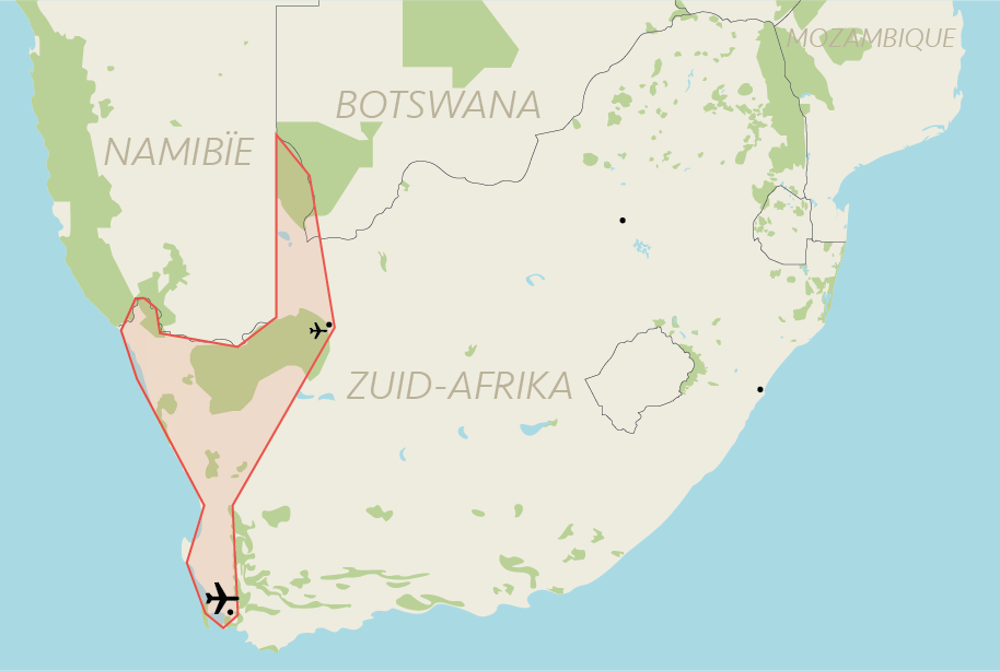 Kaart ligging Kaap naar Kalahari 