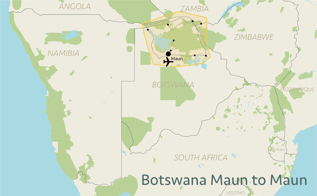 Kaart ligging Botswana Maun to Maun 
