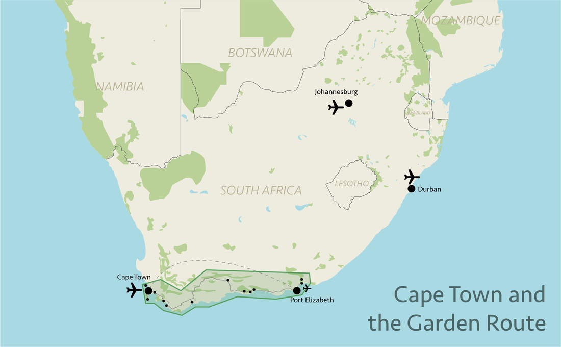 Ligging kaart Kaapstad en de Tuinroute