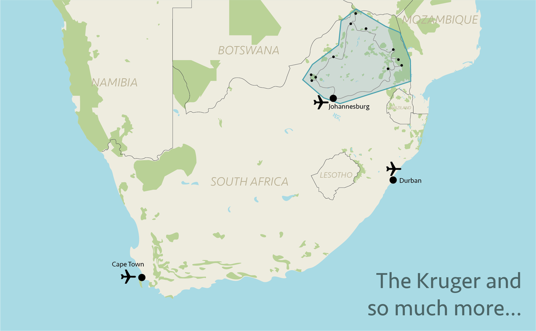 Kaart ligging Kruger en noordelijk Zuid-Afrika