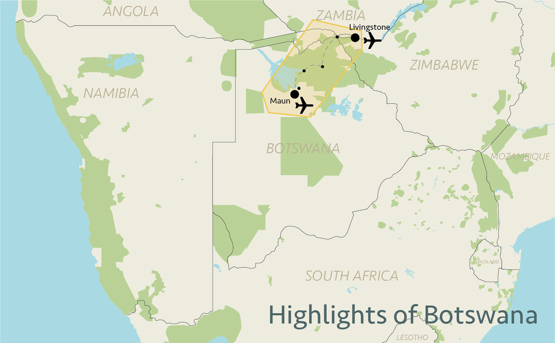Kaart ligging Hoogtepunten van Botswana 