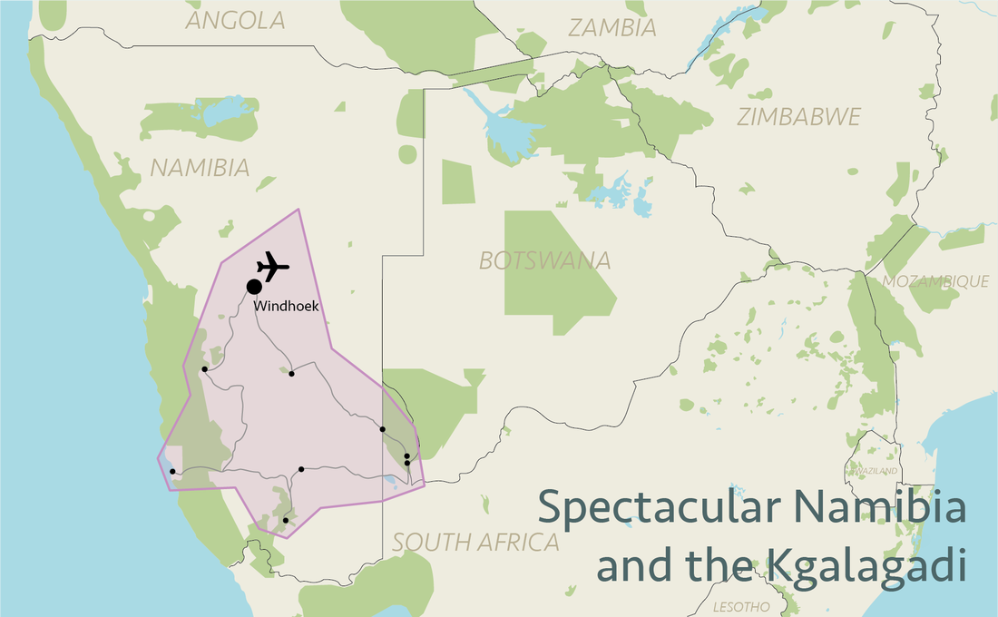 Kaart ligging Spectaculair Namibië en de Kgalagadi 